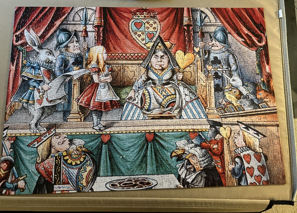 Alice in Wonderland court scene with the Queen of Hearts and the White Rabbit.