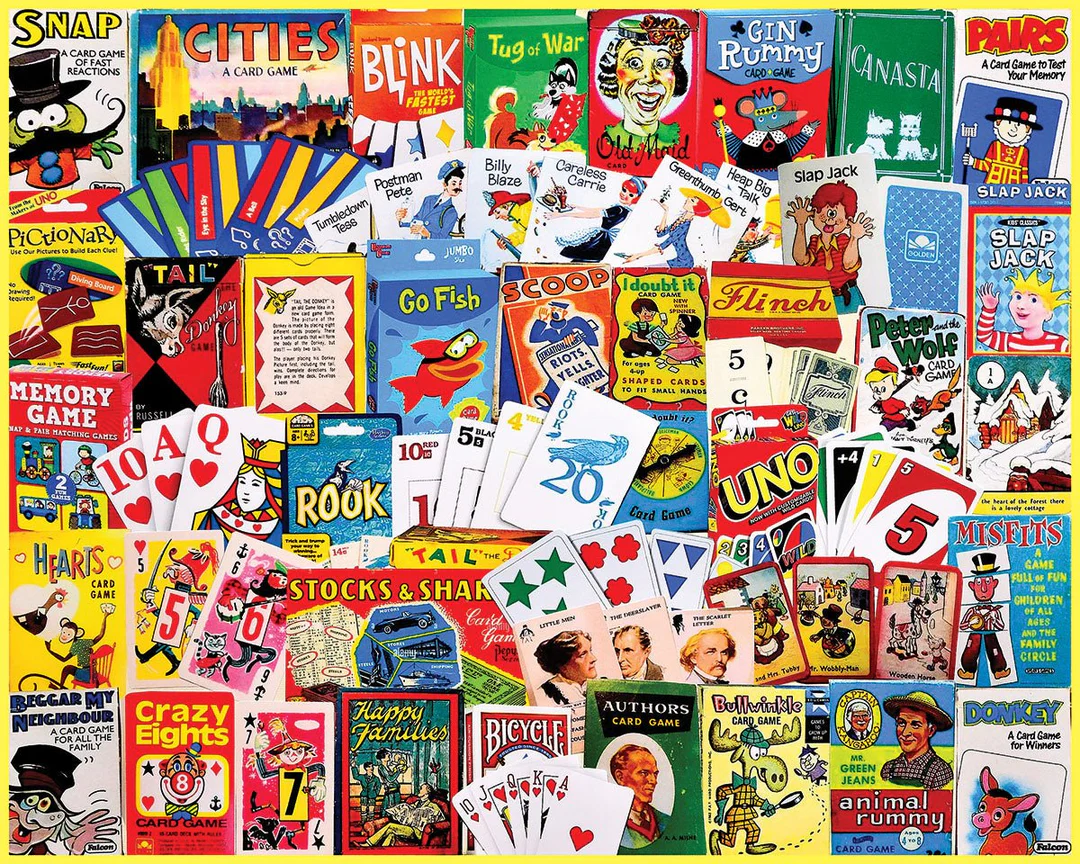 A dense collage of vintage card game boxes and individual playing cards in a bright, nostalgic arrangement.