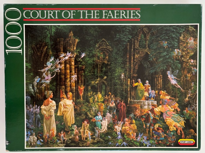 Fantasy illustration of fairies and other mystical creatures gathered in ruined stone abbey grounds.