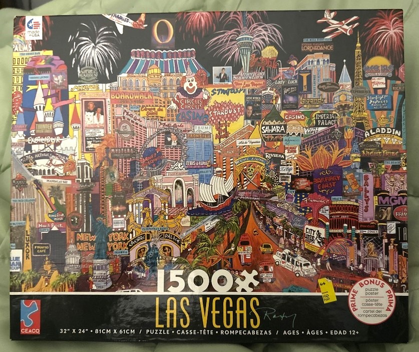 Illustration of the Las Vegas strip with neon signs, famous hotels, and fireworks at night.