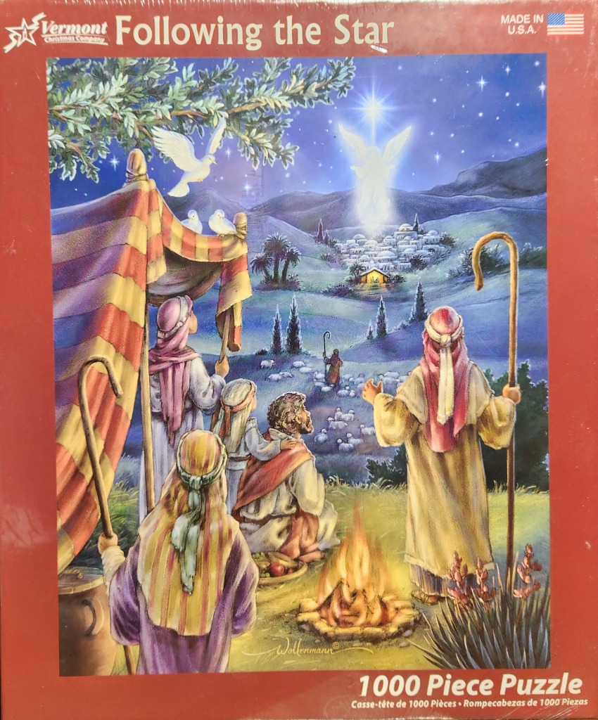 A group of shepherds standing by a campfire at night, looking toward a bright star above a distant town.