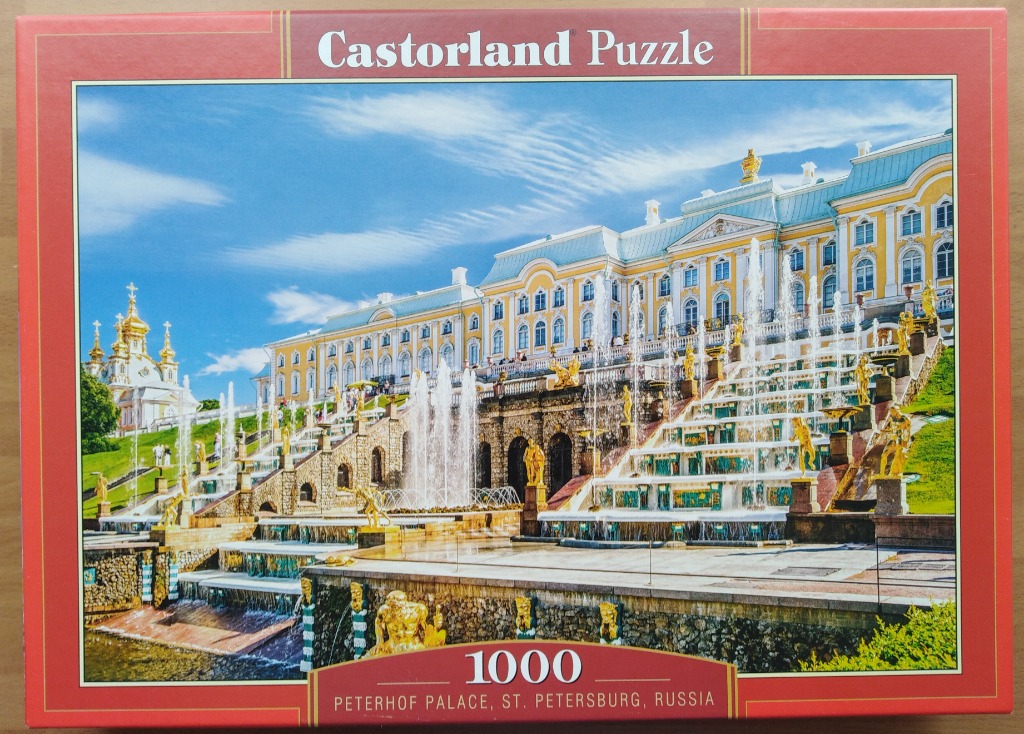 The Peterhof Palace and Grand Cascade in St. Petersburg, Russia on a sunny day.
