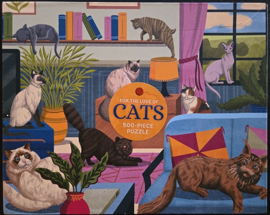 A cozy living room filled with eight diverse cats lounging among books, plants, and furniture.
