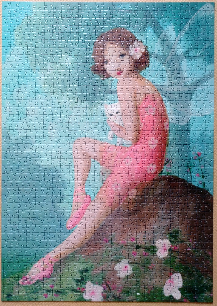 An illustration of a young woman with short brown hair sitting on a rock in a forest while holding a small white kitten.