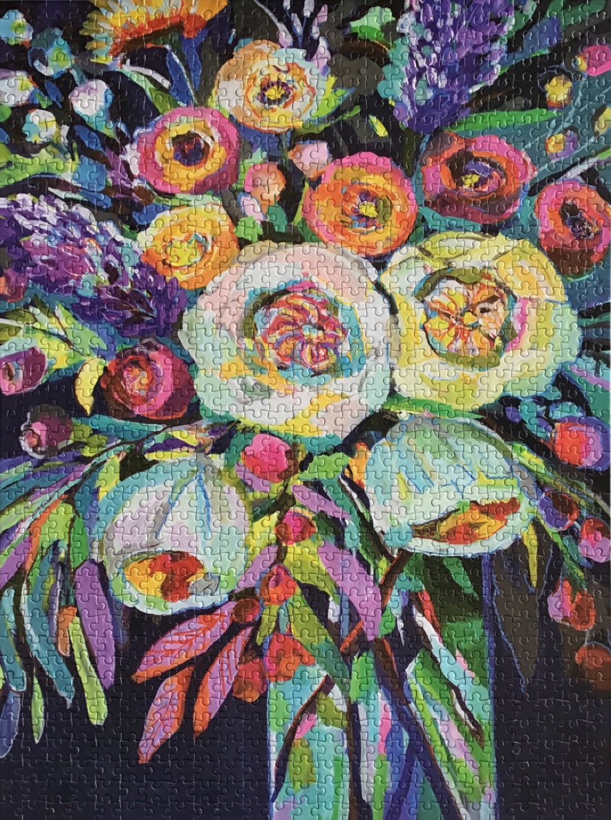 A vibrant oil painting-style floral arrangement in a vase against a deep black background.