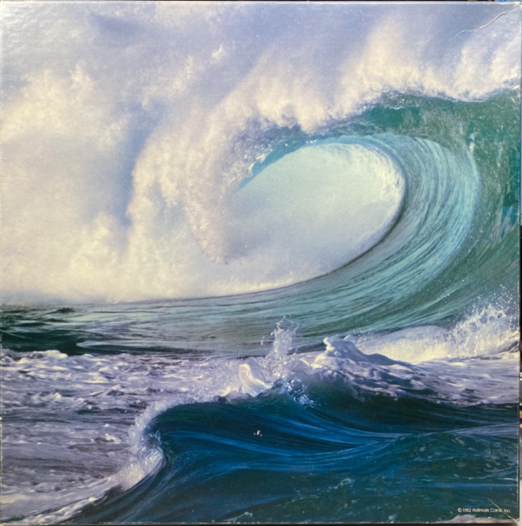 A powerful ocean wave curling into a crest with sea spray against a bright sky.