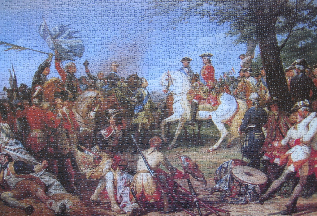 A historical oil painting depicting a military scene with soldiers on horseback and figures on the battlefield.