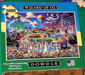 A whimsical, folk-art style illustration of the Wizard of Oz, featuring the Emerald City, Dorothy, and the Yellow Brick Road.