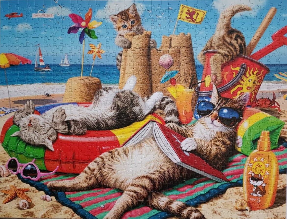 Cartoon-style illustration of four cats relaxing on a sunny beach near a sandcastle.