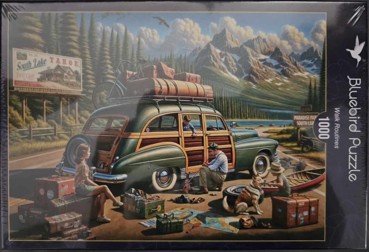 Vintage woody wagon car parked by a mountain lake with a family preparing for a camping trip.