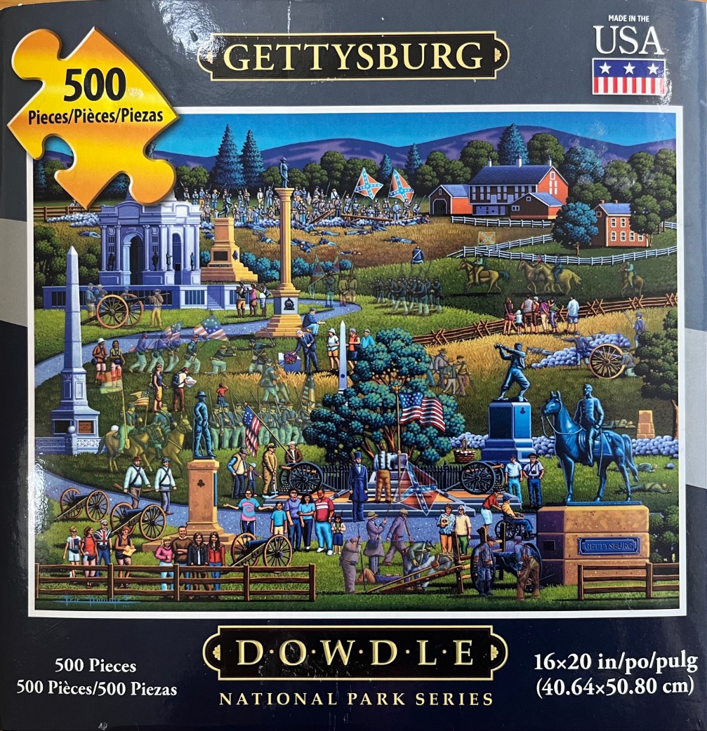 A whimsical folk art painting of the Gettysburg battlefield featuring monuments, cannons, and historical reenactors.