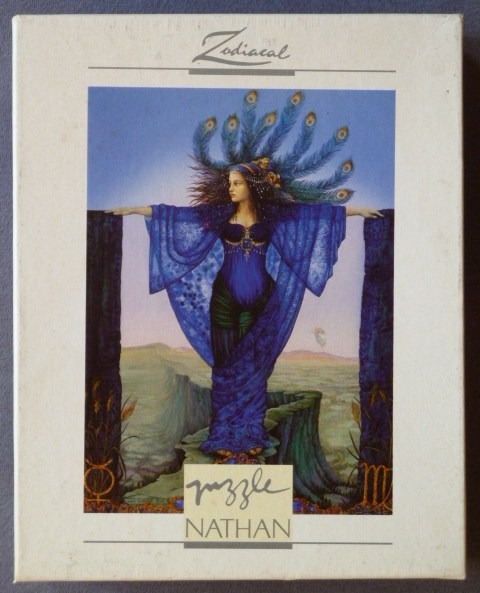 A fantasy illustration of a woman in a long blue dress with a peacock feather headdress standing between two stone pillars.