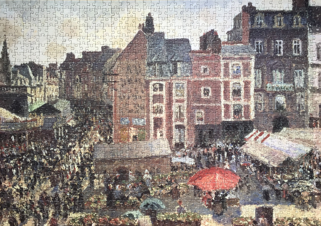 An impressionist painting of a bustling market scene in a European town square with tall buildings.
