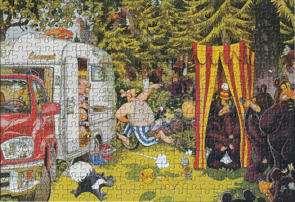 Cartoon scene of characters by a camper van with bears under a striped tent.