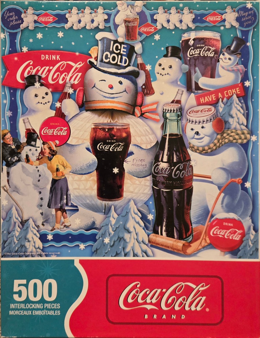 A whimsical winter scene featuring multiple snowmen, vintage soda bottles, and glasses against a blue snowflake background.
