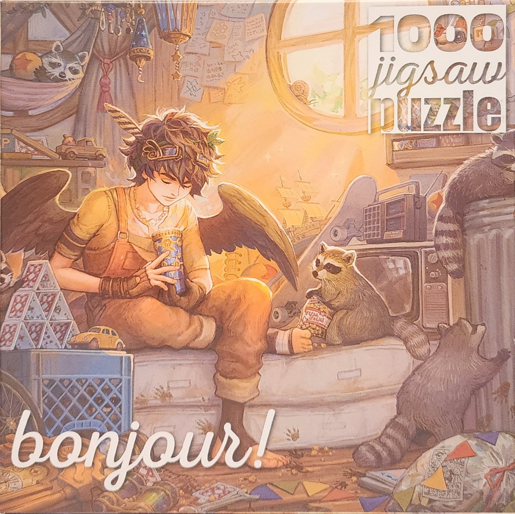 An anime-style illustration of a winged boy surrounded by raccoons in a cozy, sunlit attic room.