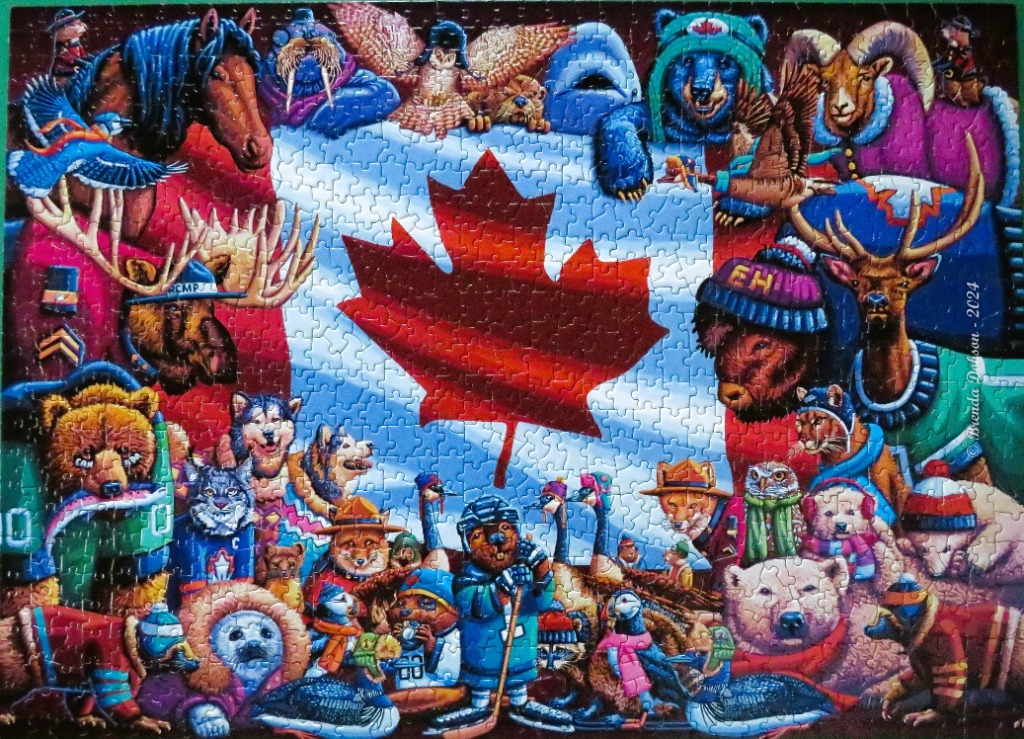 An illustration featuring a large central red maple leaf surrounded by a crowd of anthropomorphic Canadian wildlife.