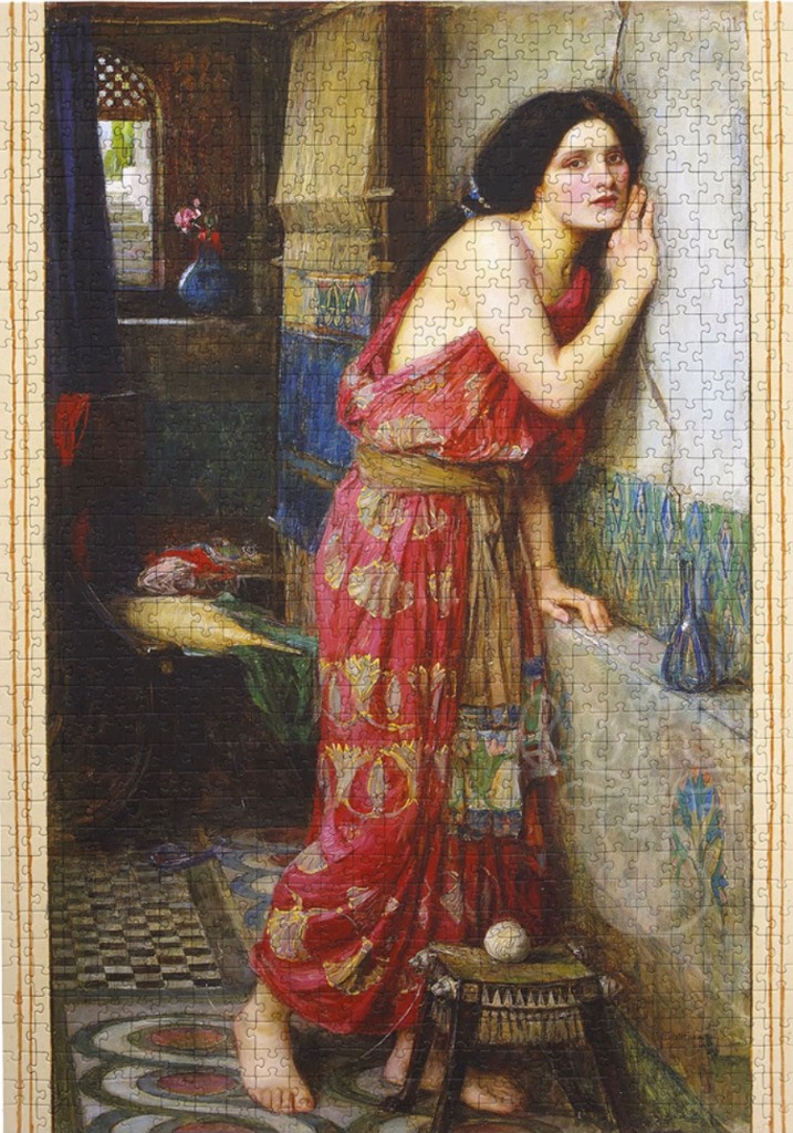 A painting of a woman in a red patterned dress leaning against a wall in a dimly lit, ornately decorated room.