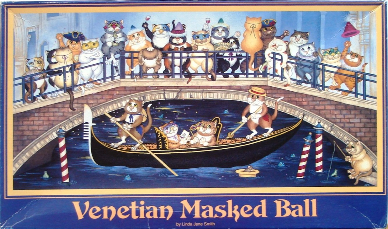 A whimsical illustration of many cats dressed in carnival masks and costumes on a Venetian bridge and in a gondola.