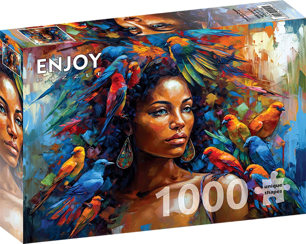 Portrait of a woman with dark hair and blue eyes, surrounded by colorful tropical birds, painted in an abstract style.