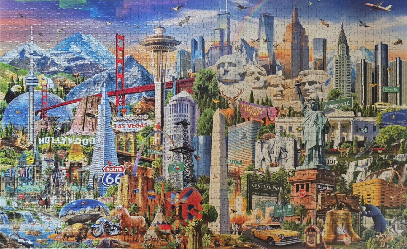 A whimsical collage of famous United States landmarks, cities, and natural wonders.