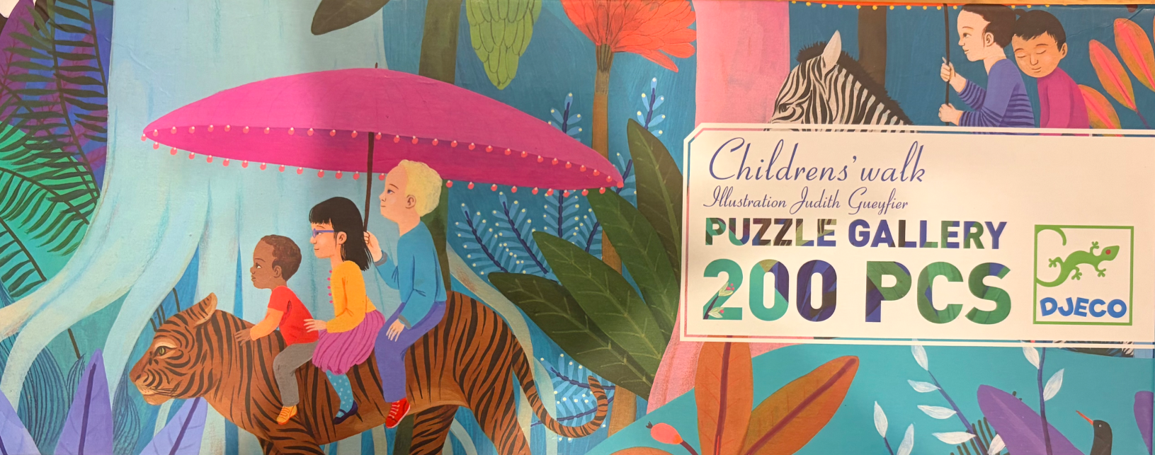 Children riding a tiger through a vibrant, stylized jungle under a large pink umbrella.