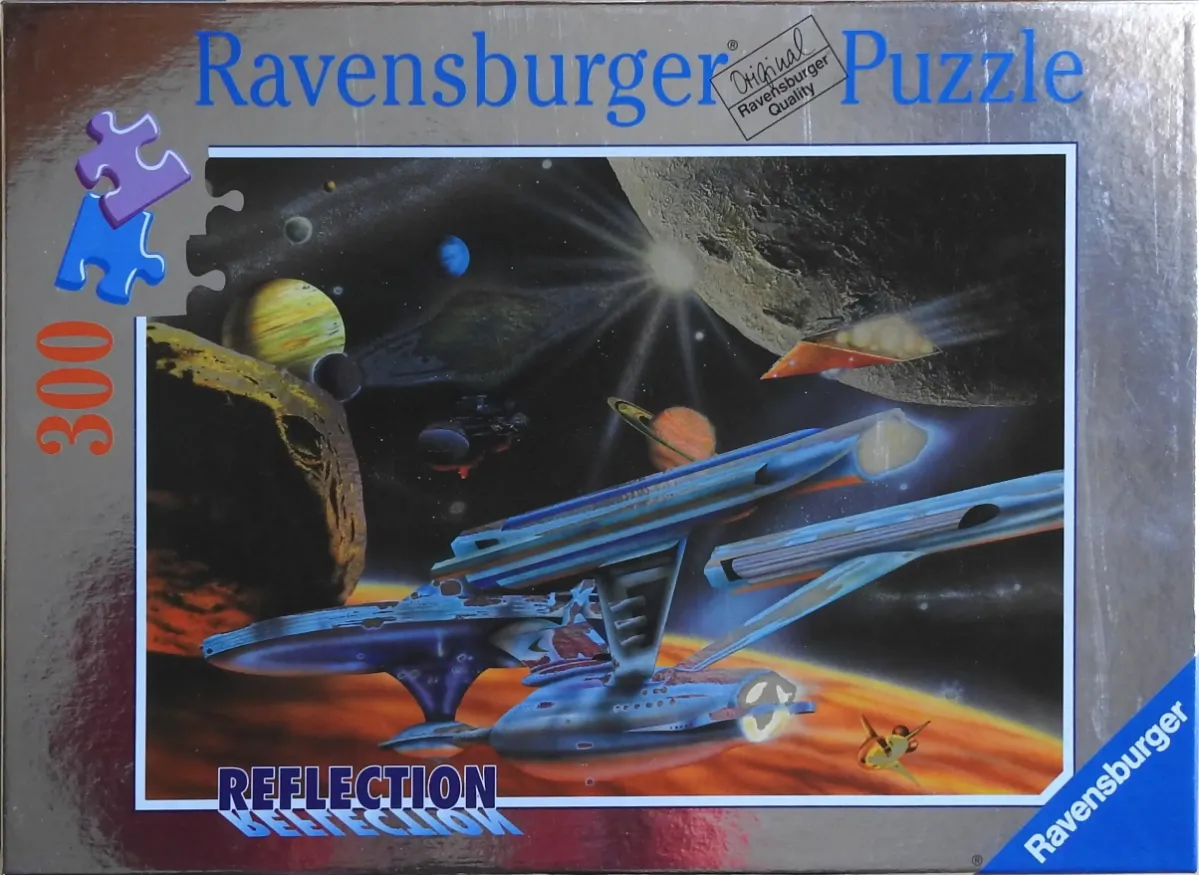 A science fiction space scene featuring a starship flying above a glowing orange planet with orbiting asteroids.