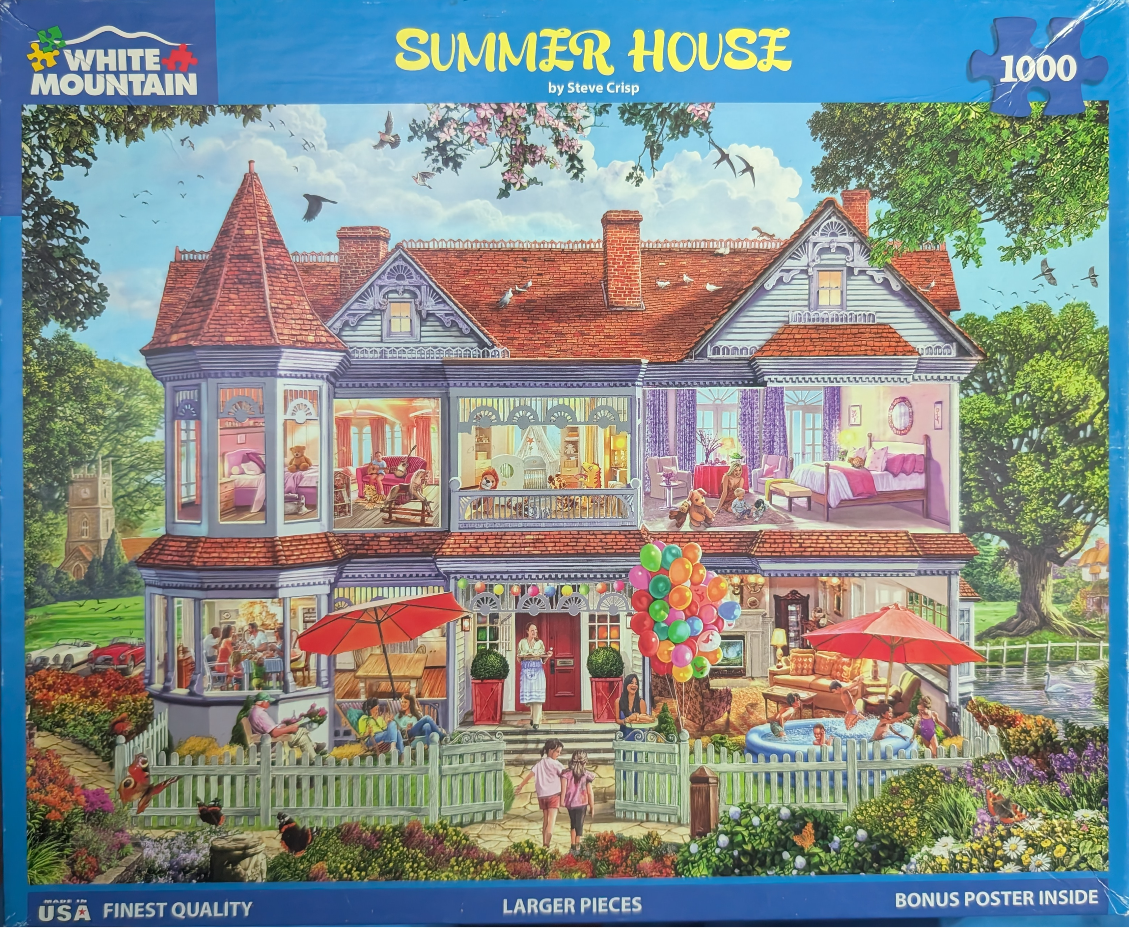 A whimsical illustration of a cutaway Victorian house scene with family members, a garden, and a blue sky.