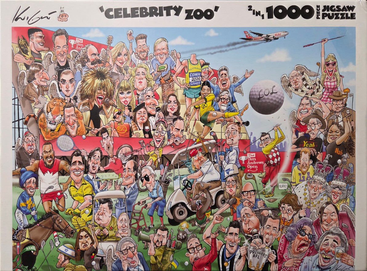 A satirical, crowded cartoon illustration of various celebrities and public figures participating in a chaotic golf game.