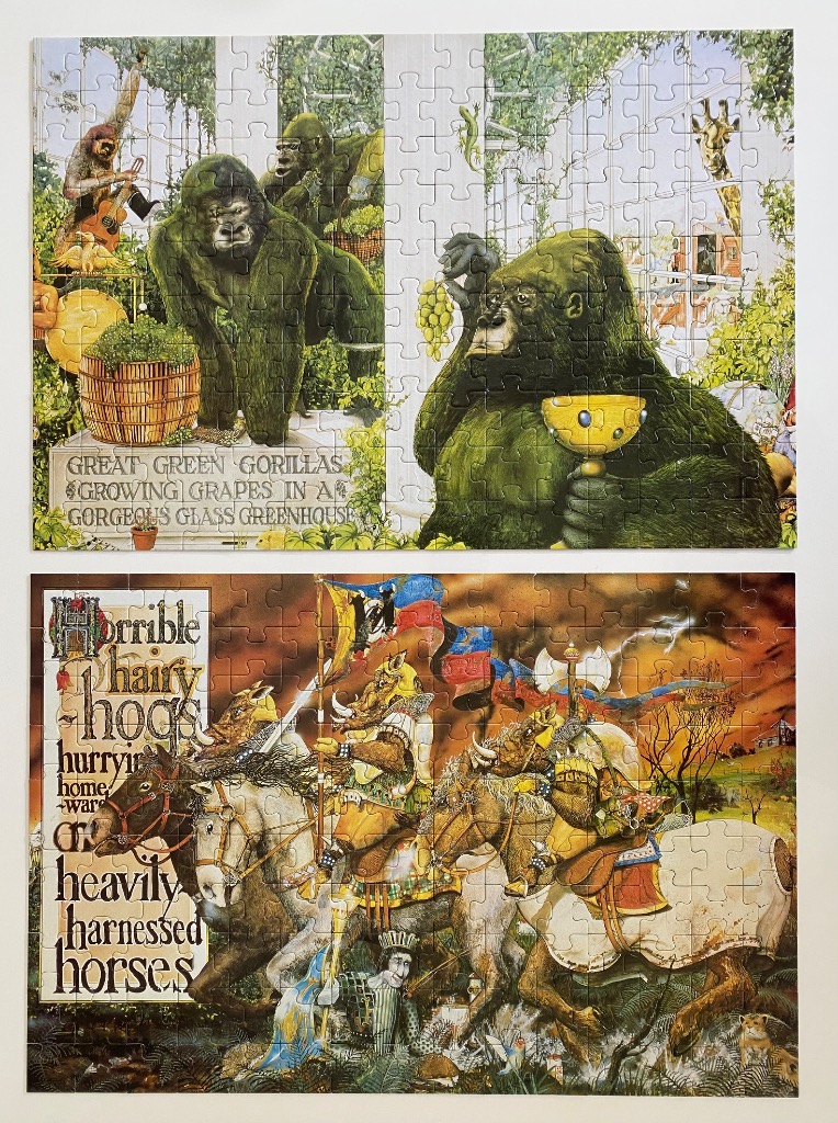 Two separate whimsical illustrations featuring gorillas in a greenhouse and armored hogs on horseback.