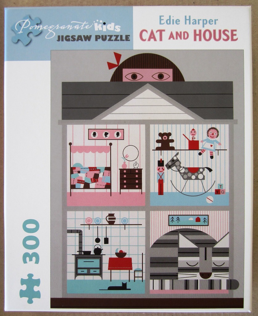 Mid-century modern illustration of a dollhouse with a sleeping cat and toys, titled Cat and House.