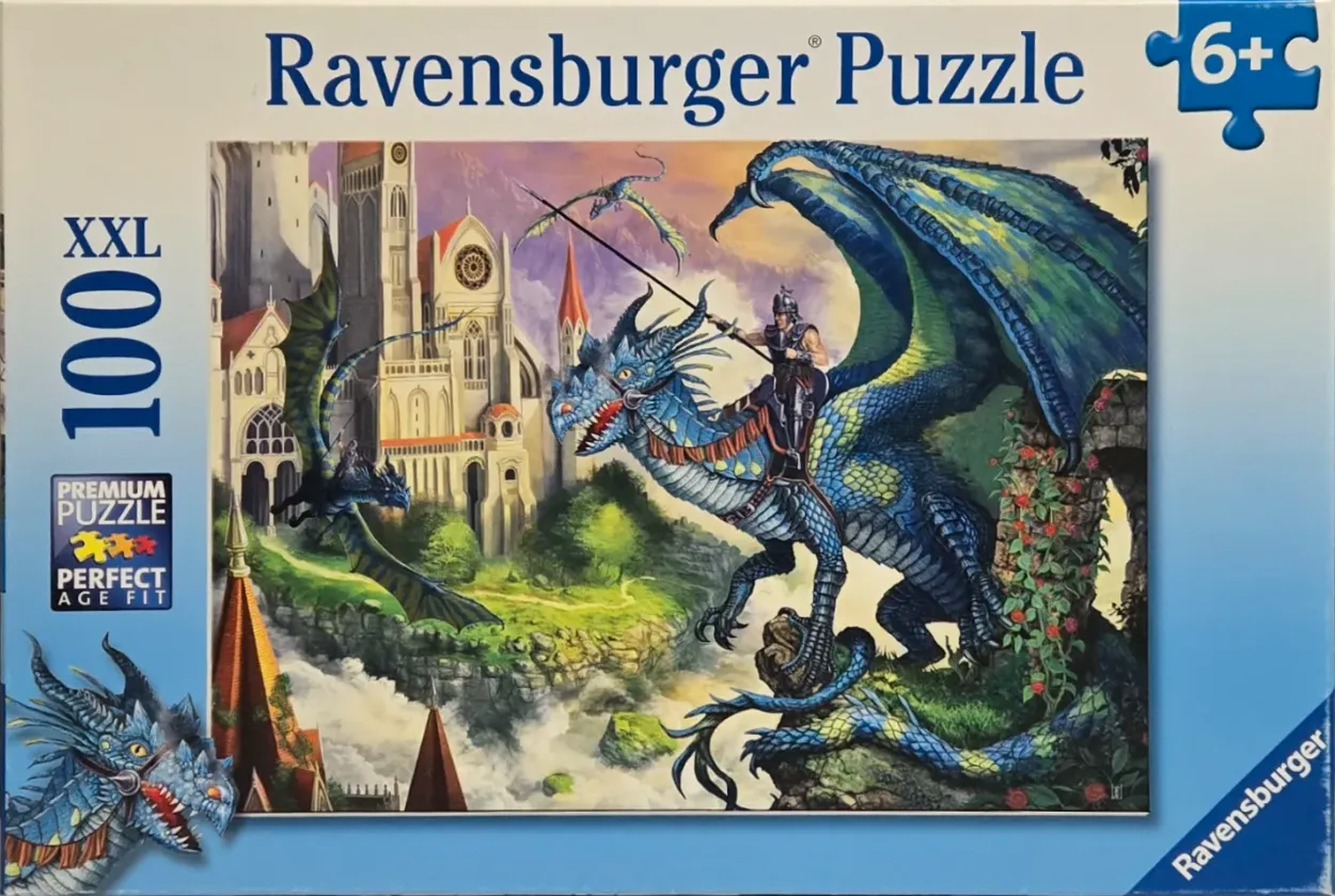 A fantasy illustration of a knight riding a large blue dragon in front of a grand gothic cathedral.