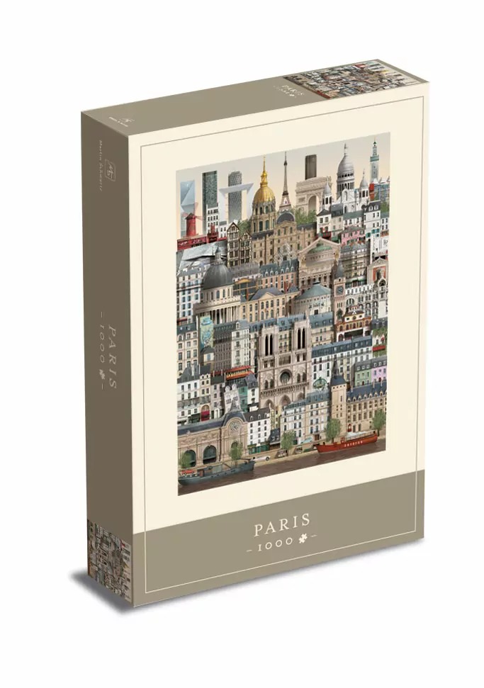 A detailed illustration of Parisian landmarks and city architecture layered into a dense vertical collage.