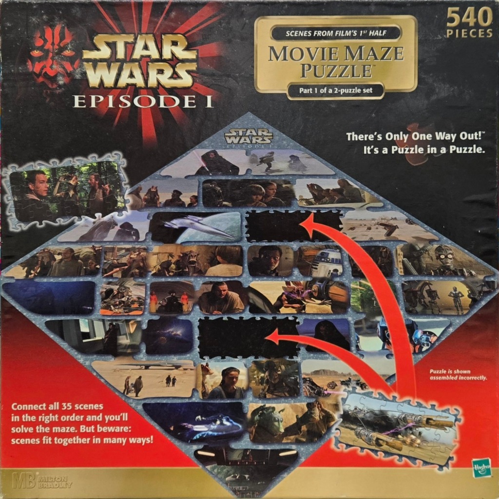 A collage of Star Wars Episode I movie scenes arranged in a diamond-shaped maze layout against a red and black background.