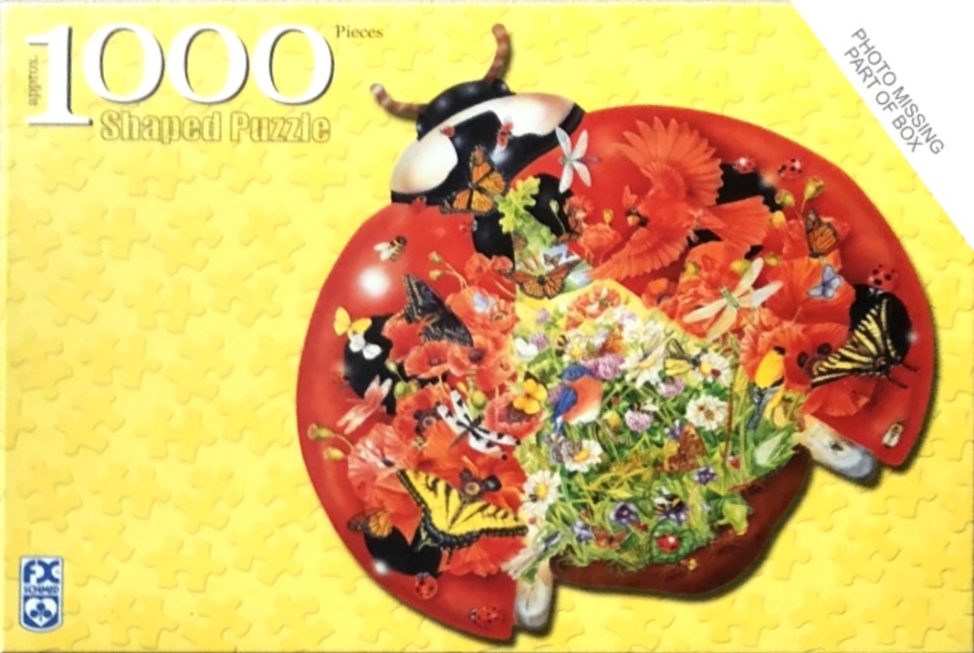 A whimsical illustration of a ladybug with a body made of a vibrant garden filled with flowers, birds, and insects.