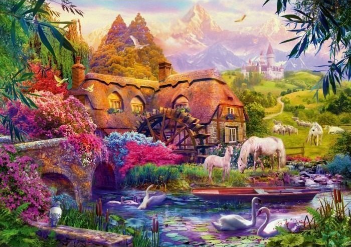 A thatched cottage with a waterwheel sits by a pond with swans, white horses, and a distant castle in a lush landscape.