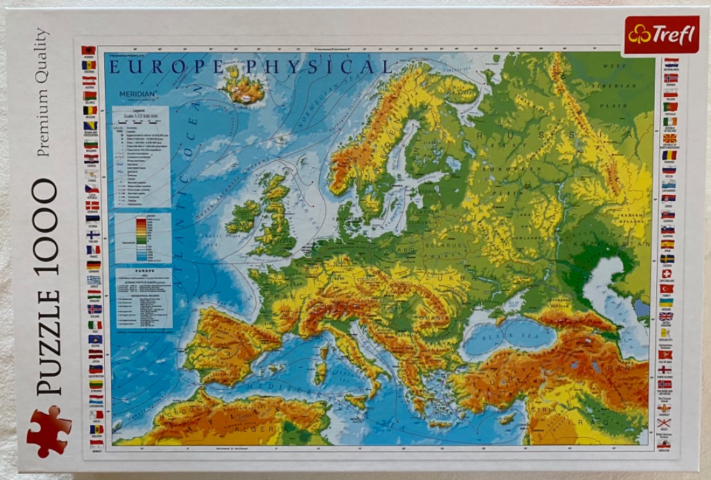 A detailed physical map of Europe showing terrain elevation, oceans, and country borders with a border of national flags.