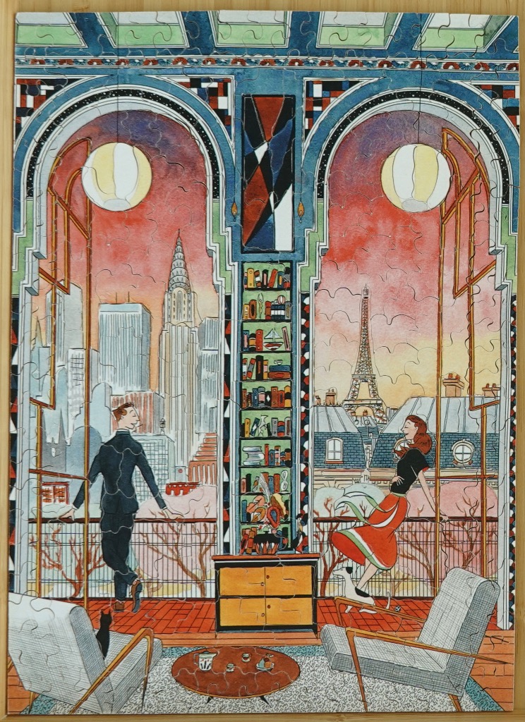 An illustration of a room overlooking both the New York skyline and the Eiffel Tower through large arched windows.