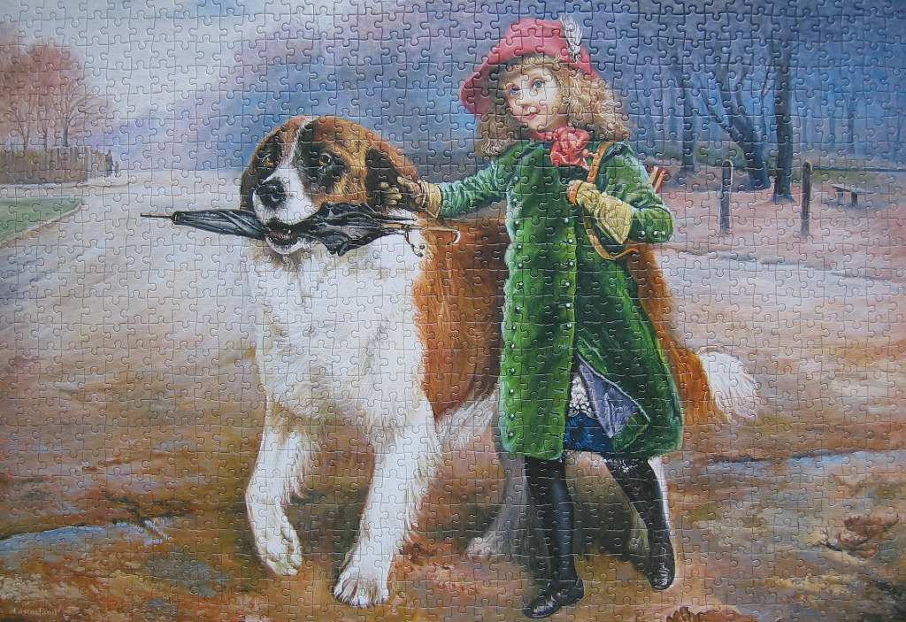 An illustration of a young girl in a green coat and red hat walking with a large Saint Bernard dog carrying an umbrella.