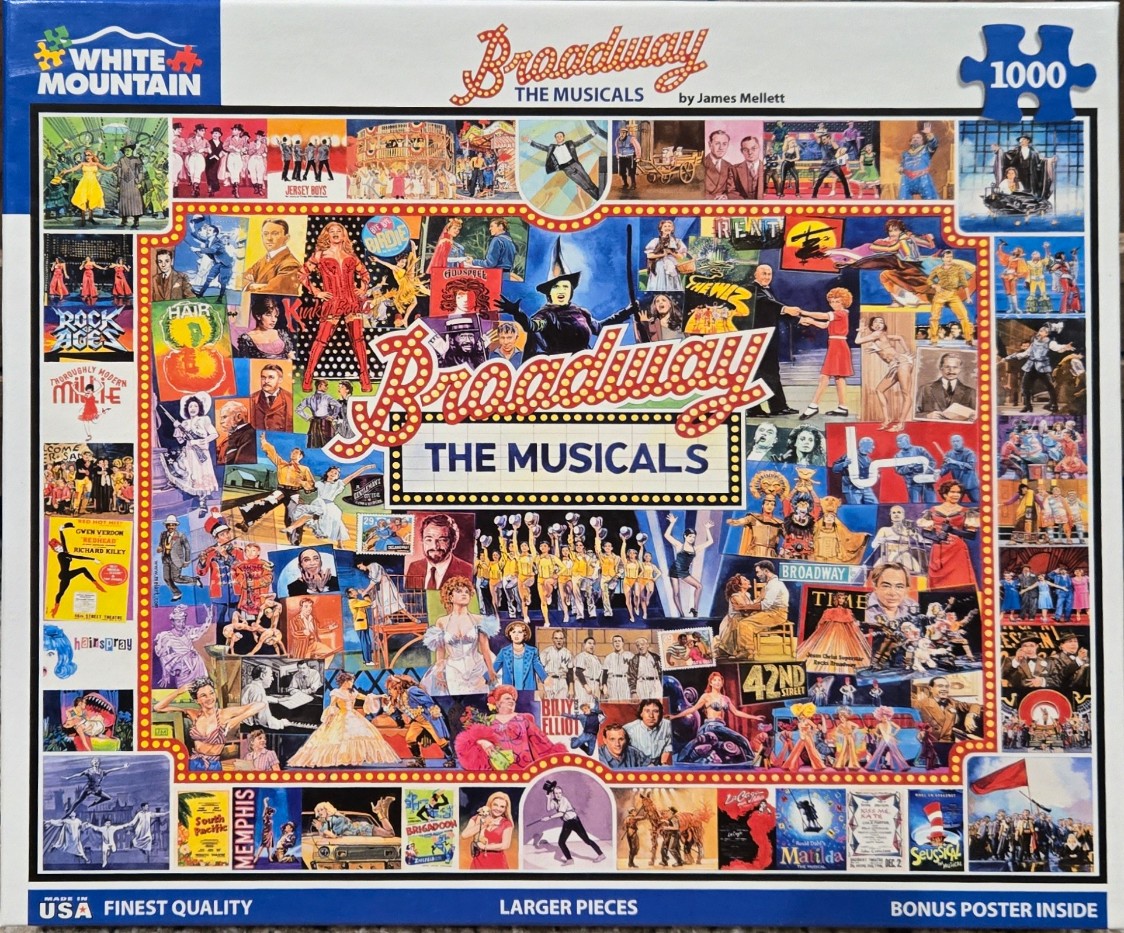 A collage of various Broadway musical posters and scenes, featuring a central title block with marquee-style lettering.