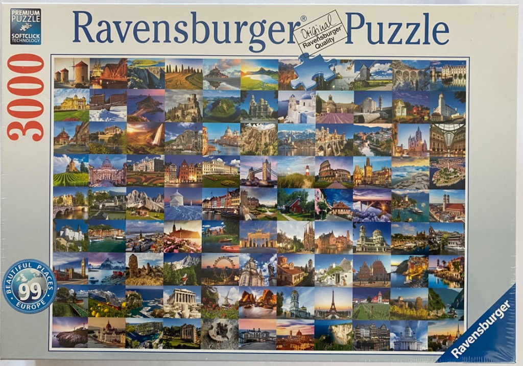 A collage of 99 different iconic European landmarks and landscapes arranged in a grid.