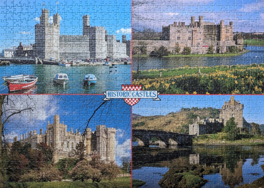 A collage of four different historic castles situated in scenic landscapes.