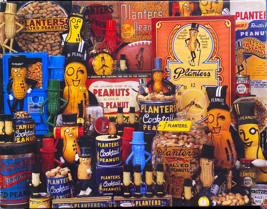 A collage of vintage Mr. Peanut memorabilia, tins, and peanut-themed collectibles.