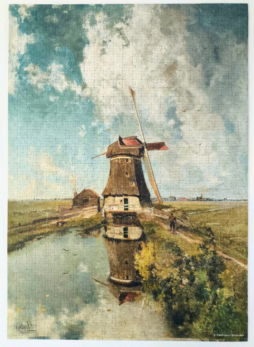 Impressionist painting of a Dutch windmill by a canal under a dramatic cloudy sky.