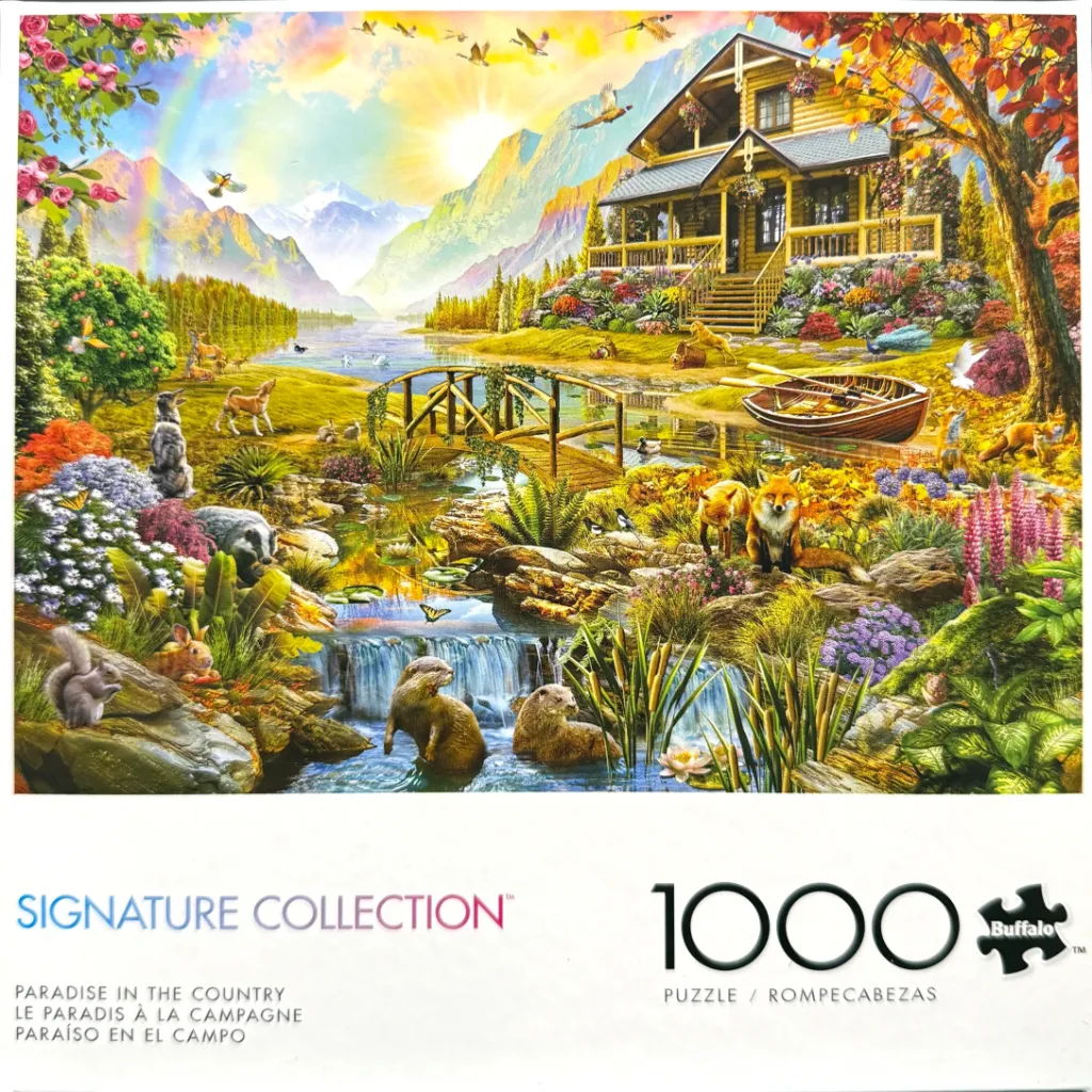 A whimsical landscape painting featuring a cozy log cabin, a mountain lake, and a variety of wildlife.