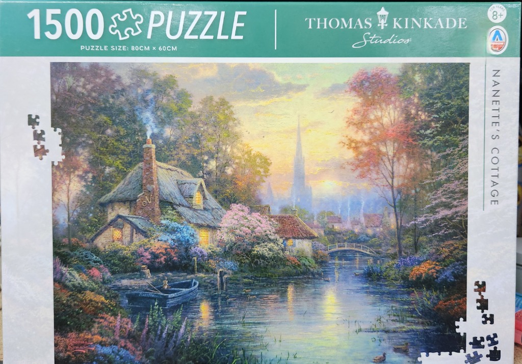 A peaceful oil-style painting of a stone cottage by a stream at sunset with a distant church spire.
