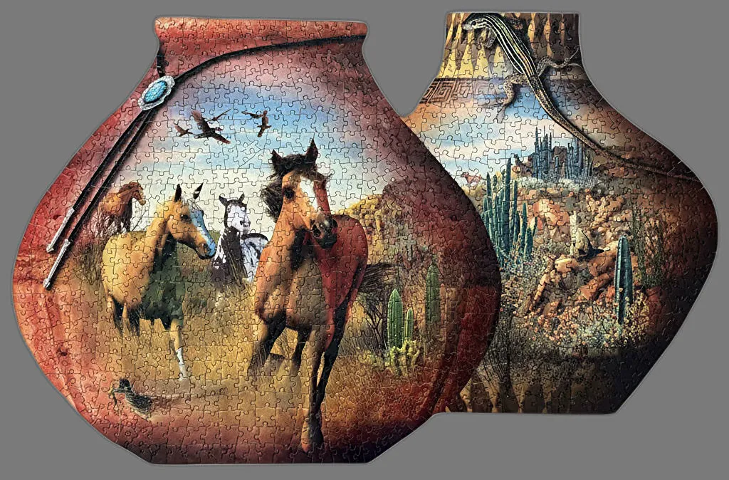 Two overlapping decorative vases featuring desert landscapes with running horses, a lizard, and cacti.