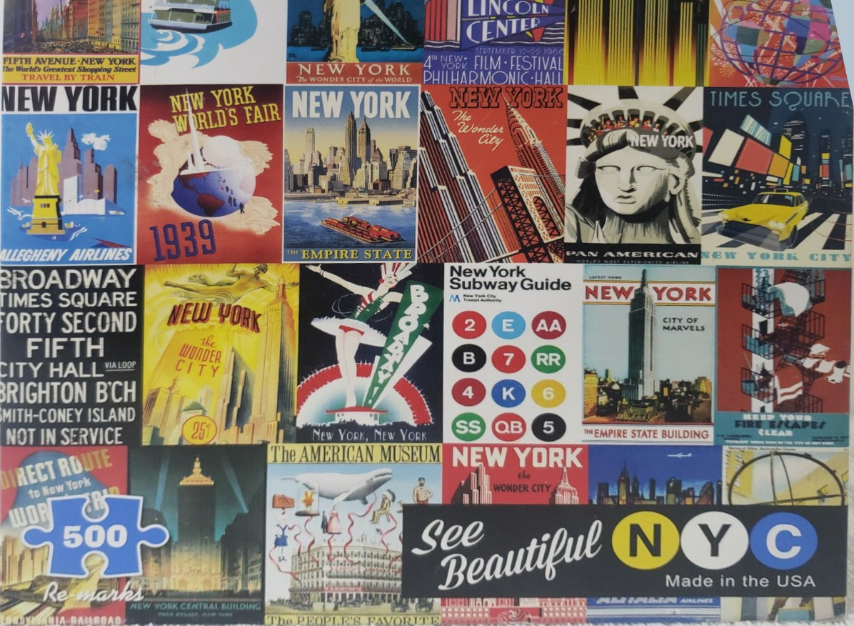A collage of vintage-style advertisements and illustrations showcasing New York City landmarks and culture.