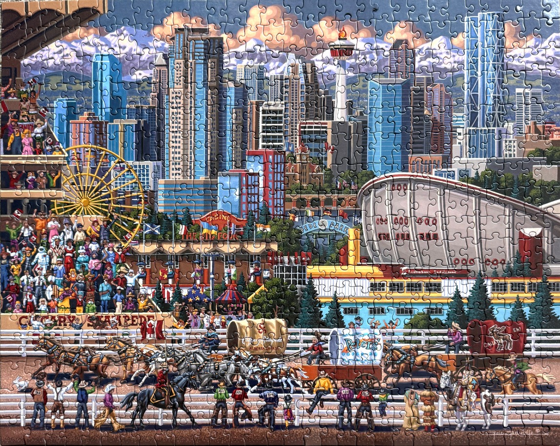 Illustration of the Calgary Stampede with horses, chuckwagons, a crowd, and the city skyline in the background.