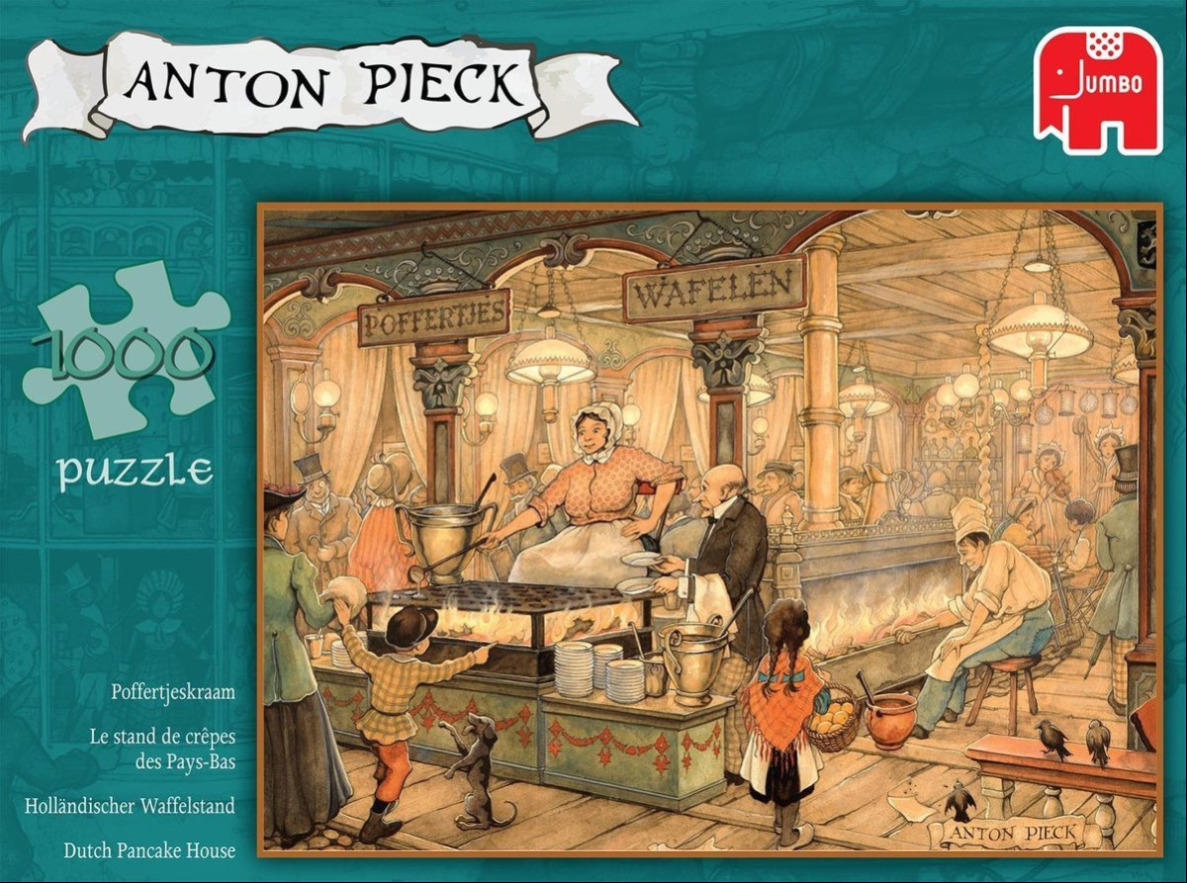 A nostalgic illustration of a 19th-century Dutch poffertjes and waffle stand with people gathered around a hot stove.
